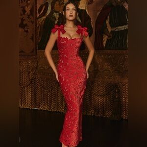 House of Cb TIFF HOLLY RED VELVET LACE MAXI DRESS size S